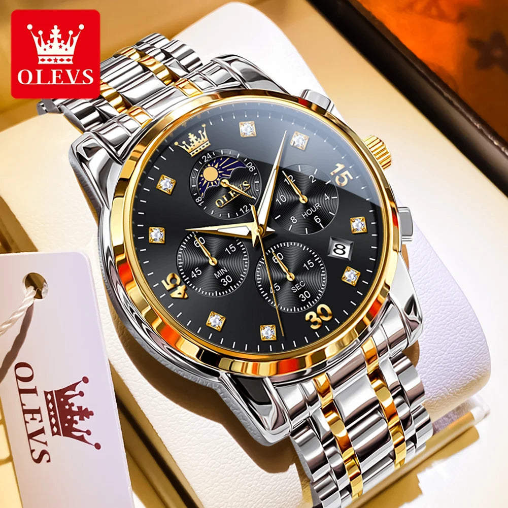 OLEVS 3652 Man Watch Number Scale Quartz Watch For Men Chronograph Moon Phase Date Luxury Waterproof Luminous Male Hand Clock