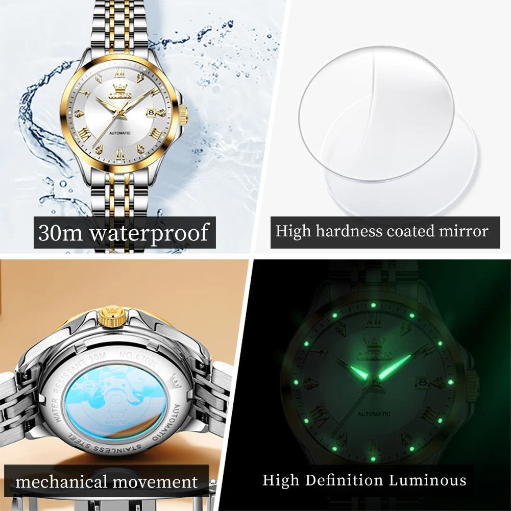 OLEVS 6702 Damenuhr Stahlarmband Automatische Datumsanzeige Mechanische Uhr für Damen Römische Skala Luxus Leuchtend Wasserdicht Damenuhr