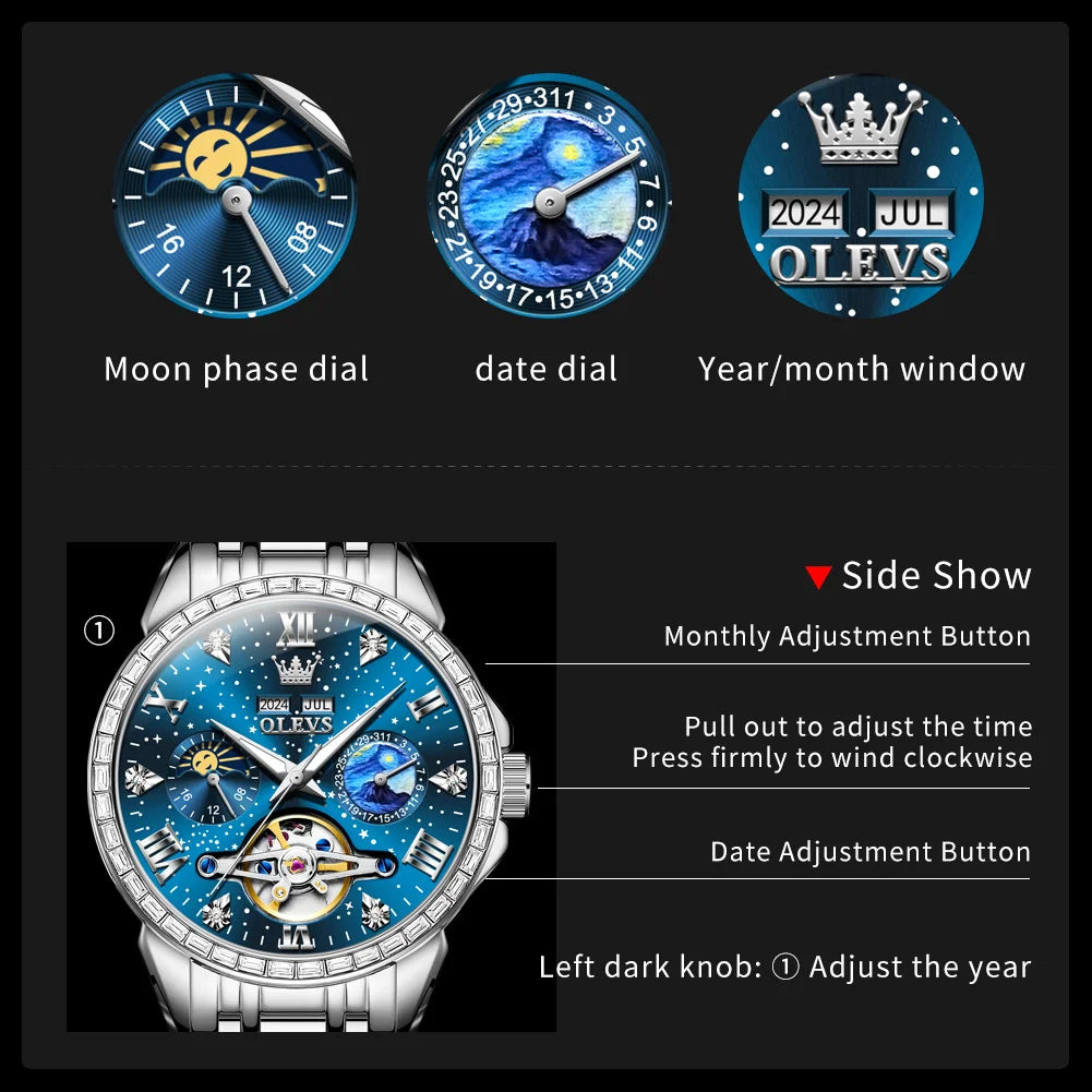 OLEVS Luxus Diamant Skelett Tourbillon Automatik Mechanische Uhr Herren Sternenhimmel Zifferblatt Mondphase Edelstahl Herrenuhr