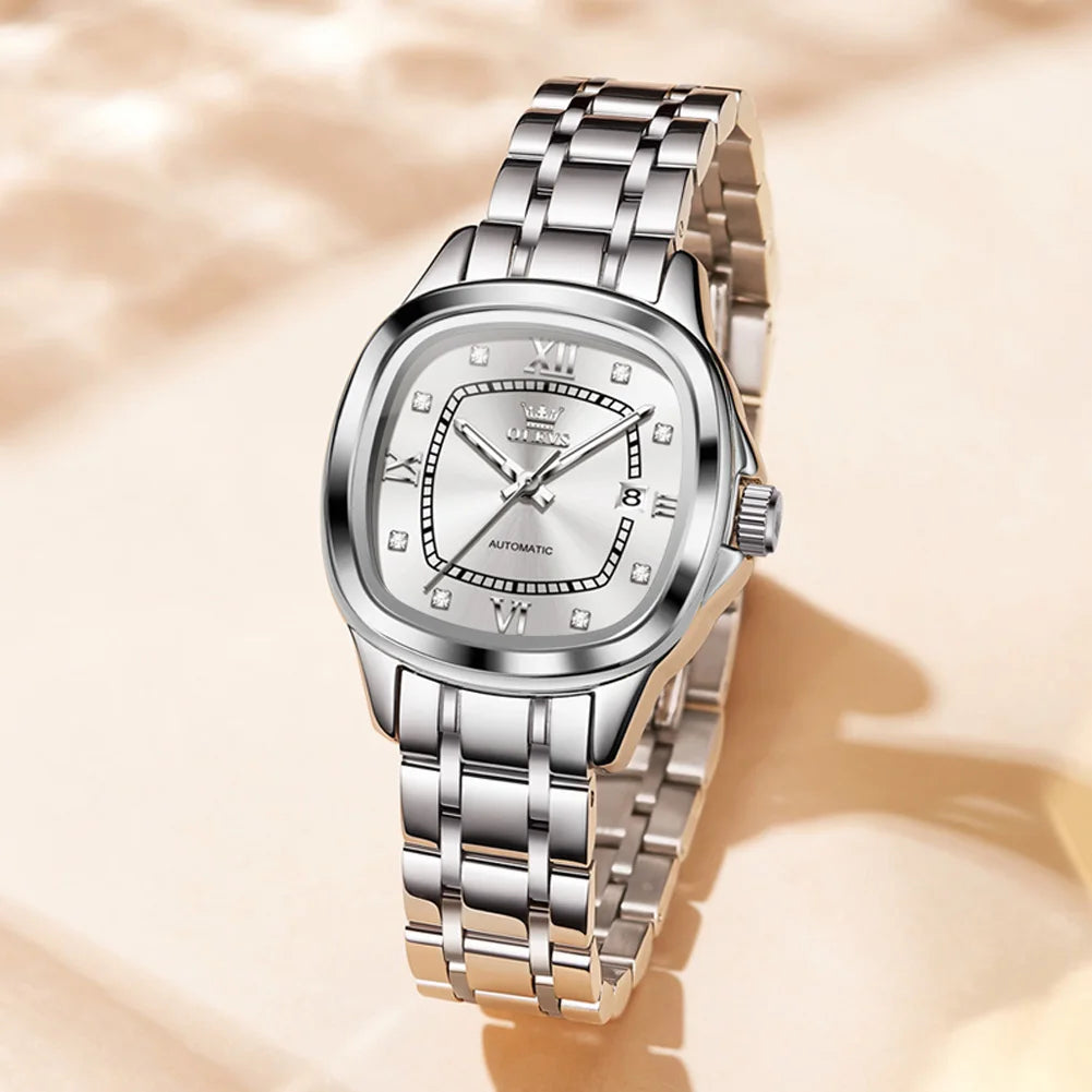 OLEVS 9810 Damen Armbanduhr Top Marke Business Datum Mechanische Uhr für Frauen Diamant Skala Luxus Original Wasserdicht Handuhr