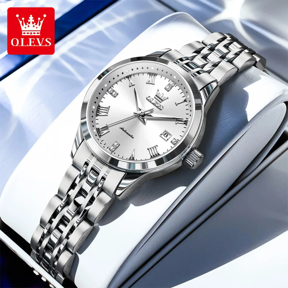 OLEVS 7062 Damenuhr Luxuriöse leuchtende wasserdichte Edelstahluhr mit automatischem Datum Mechanische Uhr für Damen mit römischen Ziffern