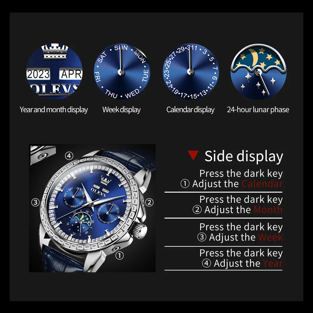 OLEVS 6695 Luxus-Geschäftsuhren für Herren, Mondphasen-Automatikuhr, wasserdichte Herrenarmbanduhr, Geschenkbox, Uhr