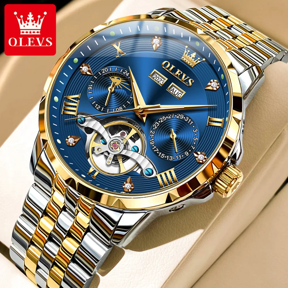 OLEVS 6691 Herrenuhren Luxus Römische Skala Mechanische Uhr für Herren Moonswatch Hohl Schwungrad Kalender Wasserdichte Armbanduhr