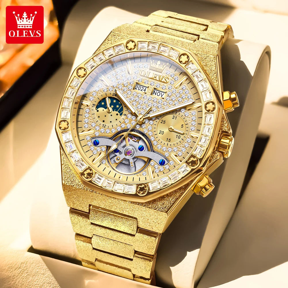 OLEVS 9805 Herrenuhr Luxus Klassische Hohl Skelett Diamant Wasserdichte Herren Handuhr Mondphase Datum Mechanische Uhr Für Männer