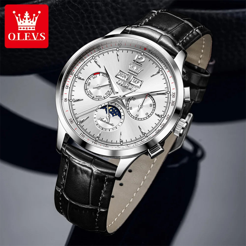 OLEVS 7128 Herrenuhr Luxus Klassische Automatische Mechanische Armbanduhr Wasserdichter Ewiger Kalender Mondphasenuhren Für Herren