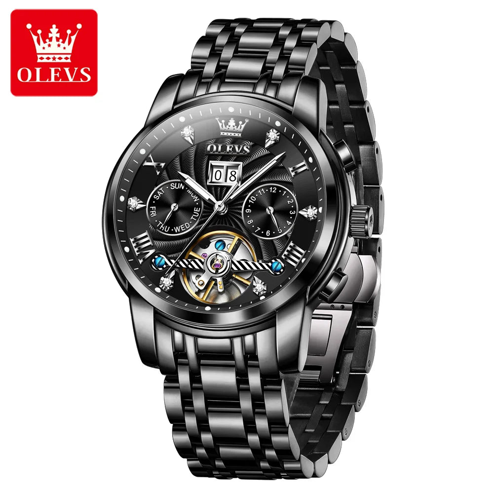 OLEVS 9910 Herrenuhr Luxus Business Mechanische Uhr für Herren Hohl Roman Skala Wasserdicht Leuchtender Kalender Herren-Armbanduhr
