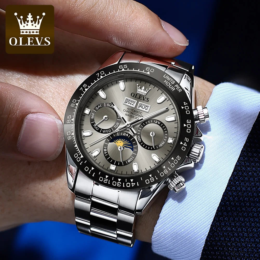 OLEVS 6654 Herrenuhr Wochenkalenderanzeige Automatische mechanische Uhr für Herren Edelstahl Wasserdicht Geschäftsuhr