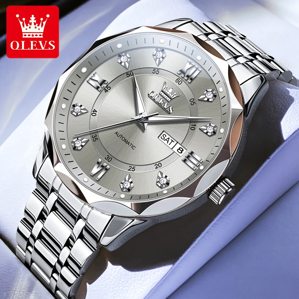 OLEVS 6727 Herren Automatikuhr Luxus Dual Kalender Mechanische Armbanduhr für Herren Zirkonskala Edelstahlarmband Wasserdichte Herrenuhr