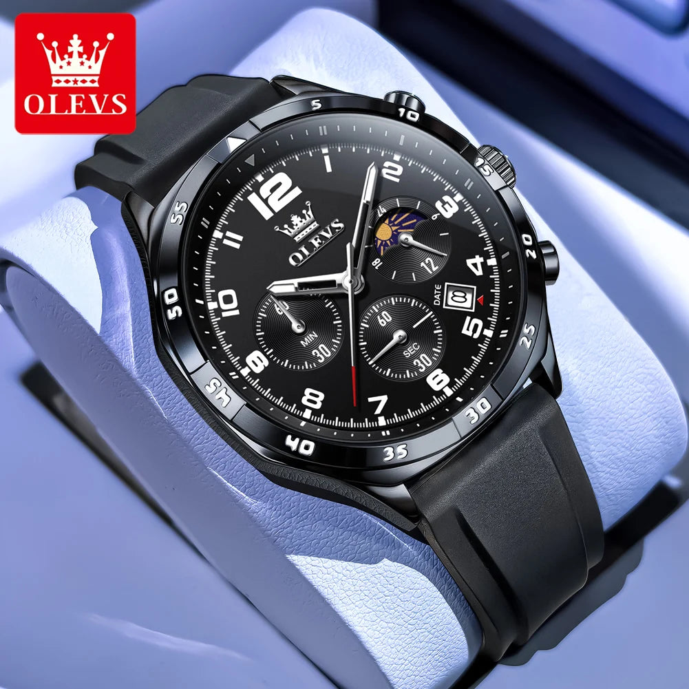 OLEVS 2986 Herrenuhr 42MM Mondphase Datum Quarzuhr für Herren Ziffernskala Wasserdichtes Silikonarmband Uhr Original