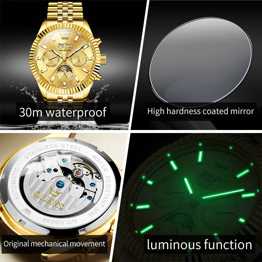 OLEVS 6688 Original Luxury Watches for Men Automatic Mechanical Wristwatch Stainless Steel Waterproof Multifunctional Man Watch