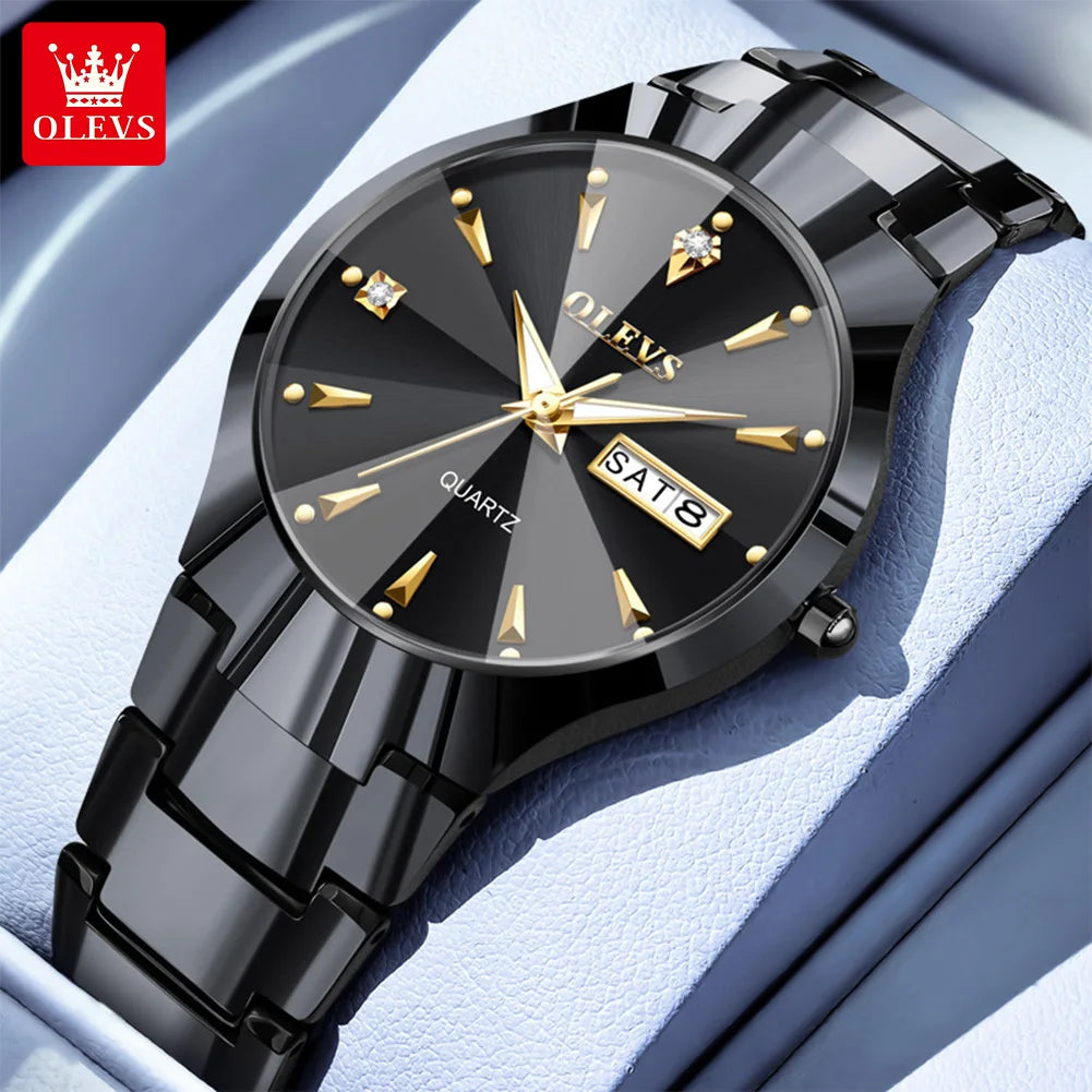 OLEVS 8697 Herrenuhr Top Marke Luxus Dual-Kalender Quarzuhr für Herren Rhombus-Spiegel Wolframstahlarmband Herren-Armbanduhr