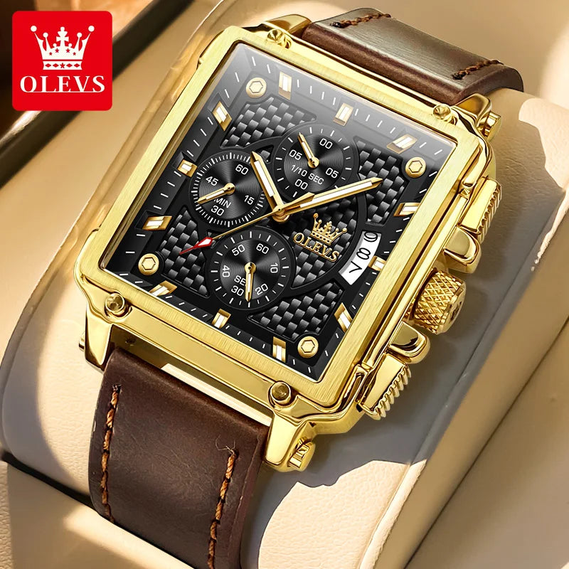 OLEVS Uhr Lässige Mode Quadratische Quarzuhr für Herren Wasserdichte Leuchtende Lederarmband Datumsanzeige Herrenuhr Topseller 9925