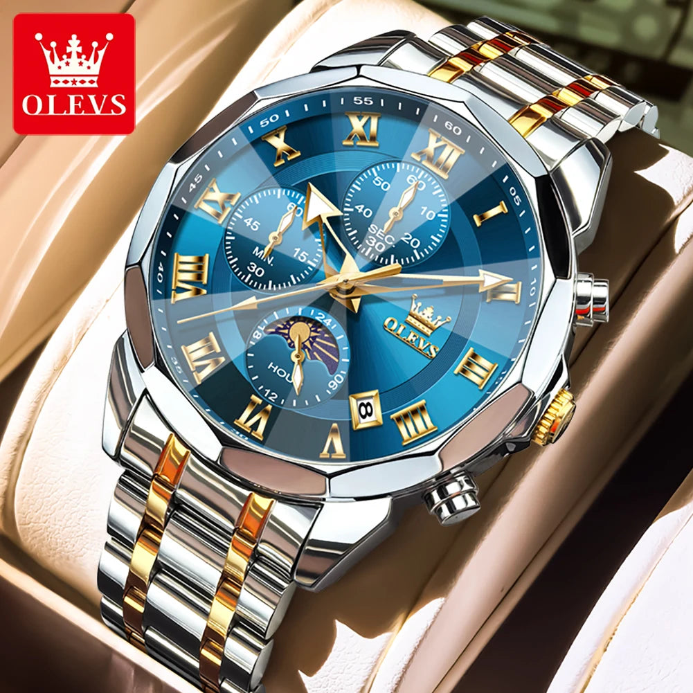 OLEVS 3675 Watch For Men Roman Scale Luxury Rhombus Mirror Chronograph Man Hand Clock Moon Phase Date Waterproof Quartz Watches