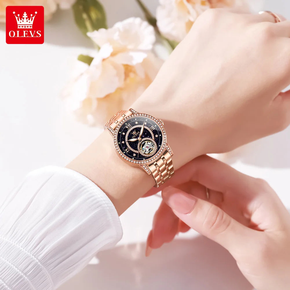 OLEVS Hollow Original Mechanical Watches For Women Diamond Luxury Automatic Hand Clock Waterproof Elegant Woman Dress Watches