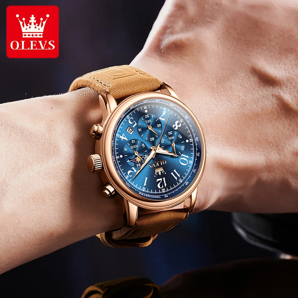 OLEVS 2912 Sport Chronograph Quartz Watch For Men Moon Phase Number 43mm Big Dial Man Watches Waterproof Original Hand Clock