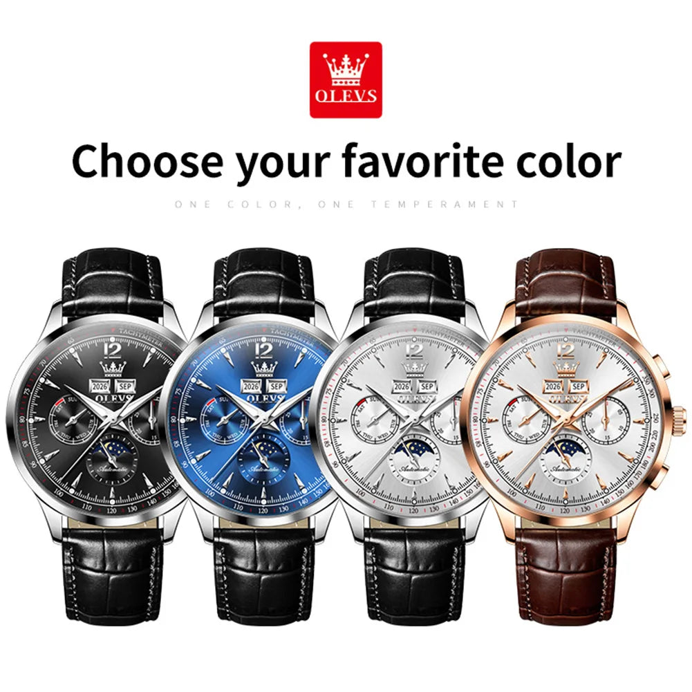 OLEVS 7128 Herrenuhr Luxus Klassische Automatische Mechanische Armbanduhr Wasserdichter Ewiger Kalender Mondphasenuhren Für Herren