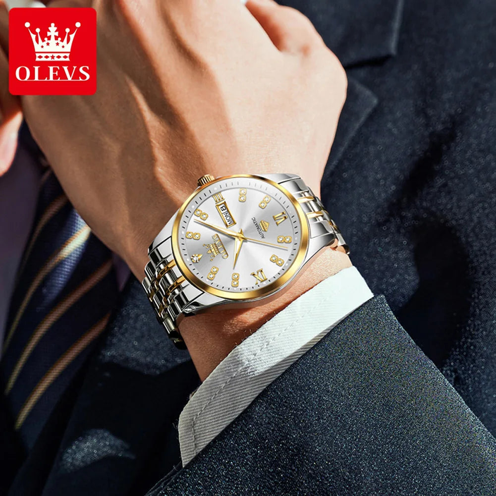 OLEVS 9801 Herrenuhr Wasserdicht Dual Kalender Luxus Mechanische Uhr Für Männer Diamant Zifferblatt Edelstahl Automatische Armbanduhr