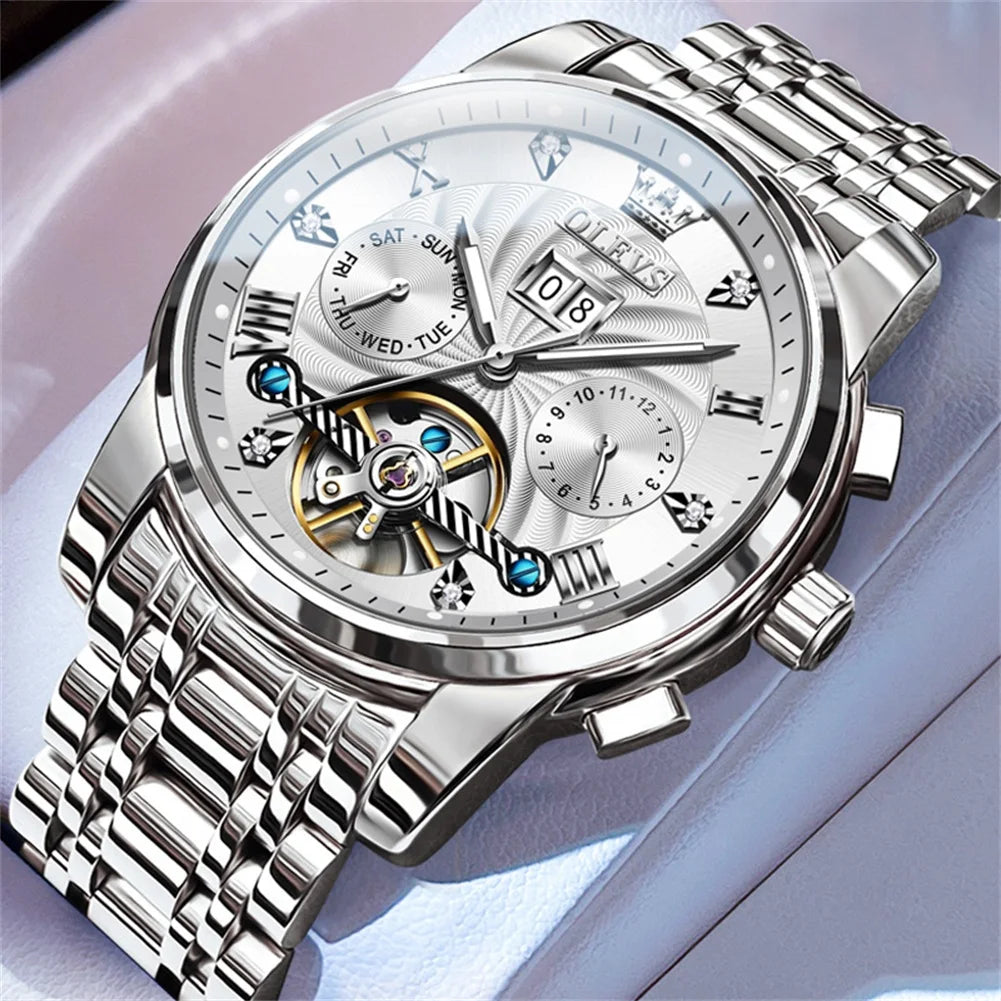 OLEVS 9910 Automatikuhr für Herren, mechanische Herrenarmbanduhr, luxuriöse Skelettuhr aus Edelstahl, wasserdicht, Original Herrenuhr