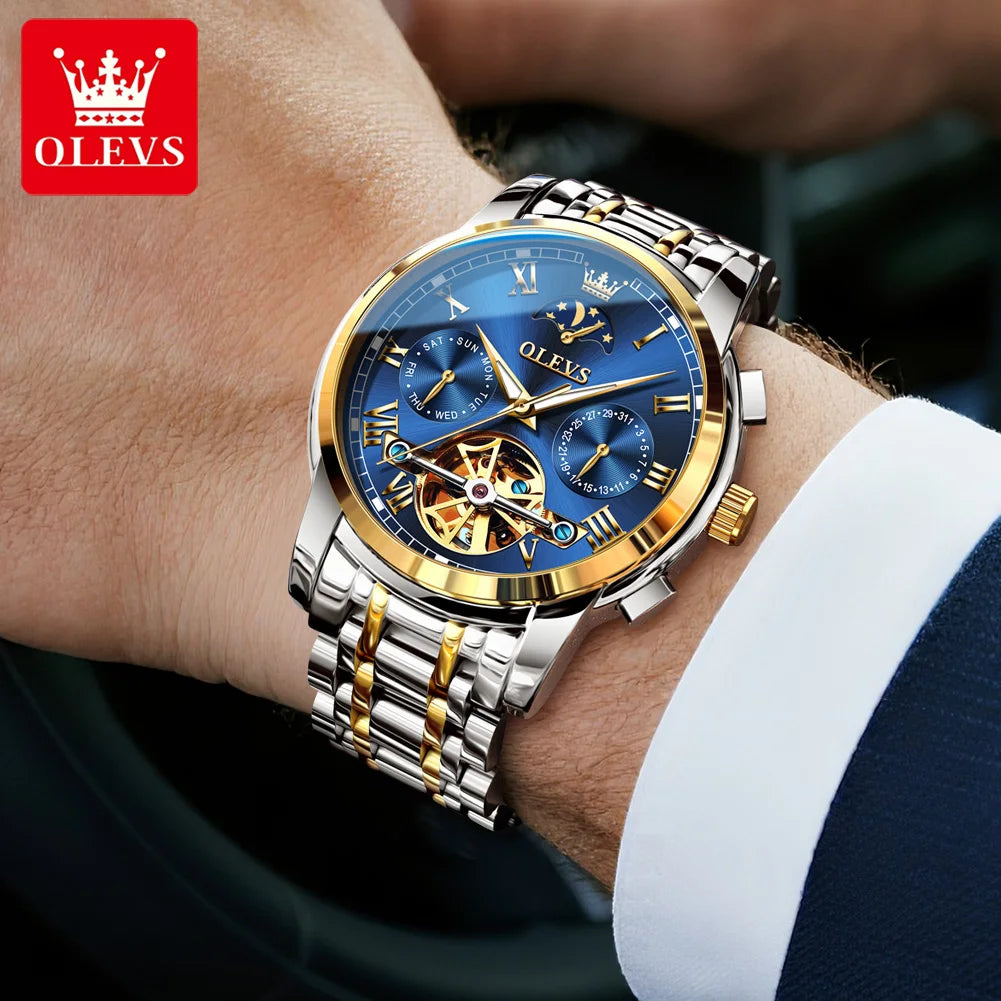 OLEVS Herrenuhren Mondphase Luxus-Edelstahl-Schwungrad Mechanische Handuhr Datum Wasserdicht Leuchtende Herrenuhr 6617