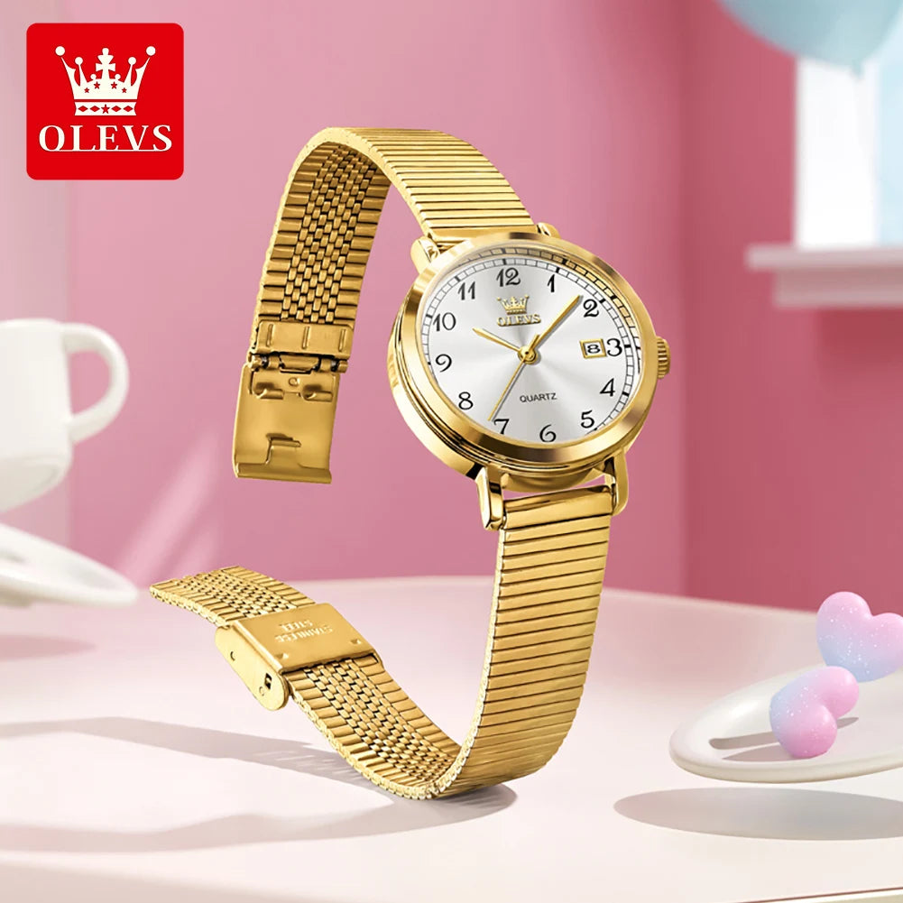 OLEVS 7130 Damenuhren Elegante Mesh-Armband Quarzuhr 9,5mm dünnes Gehäuse Wasserdichtes Automatisches Datum Damen Uhr