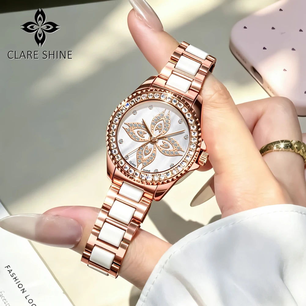 CLARE SHINE 1806 Kadın Saatleri Moda Zarif Seramik Kuvars Kol Saati Su Geçirmez Işıklı Lüks Bayan El Saati Markası