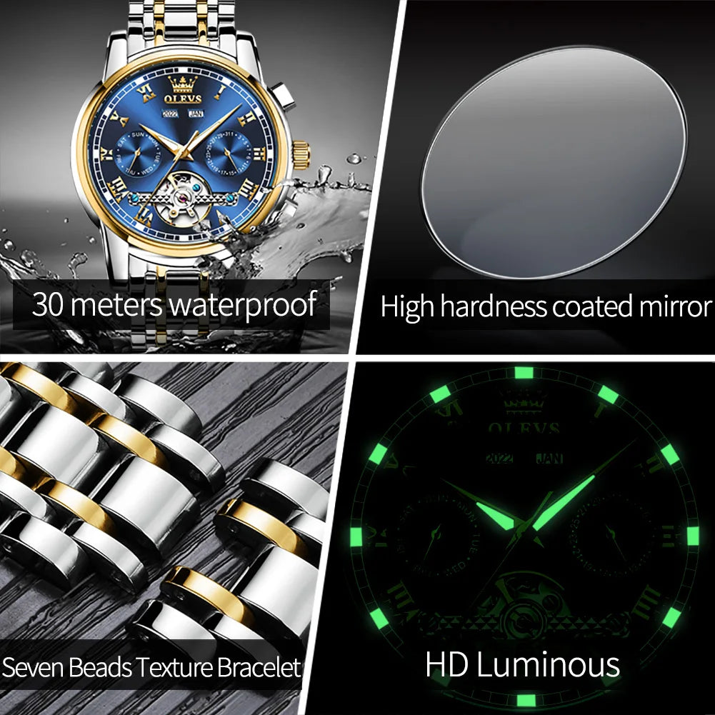 OLEVS Uhren für Herren Luxus-Edelstahl-Schwungrad-Automatik-Uhr Handuhr Woche Datum Wasserdicht Leuchtende Herrenuhr 6607