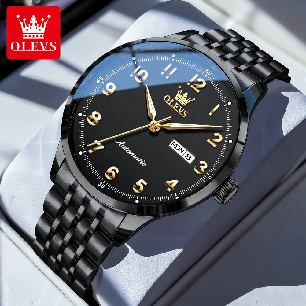OLEVS Herren Luxus Mechanische Armbanduhren für Herren Wasserdichte Leuchtende Dual-Kalender Uhren Edelstahl-Uhr 7100