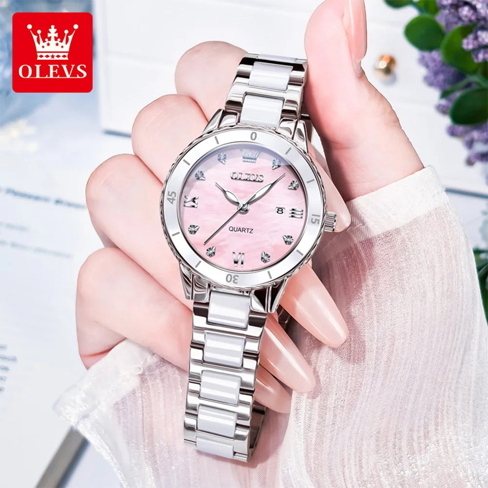 OLEVS 9985 Damenuhr Keramik Armband Mode Datum Quarzuhr für Damen Top Marke Wasserdicht Elegante Damenuhr