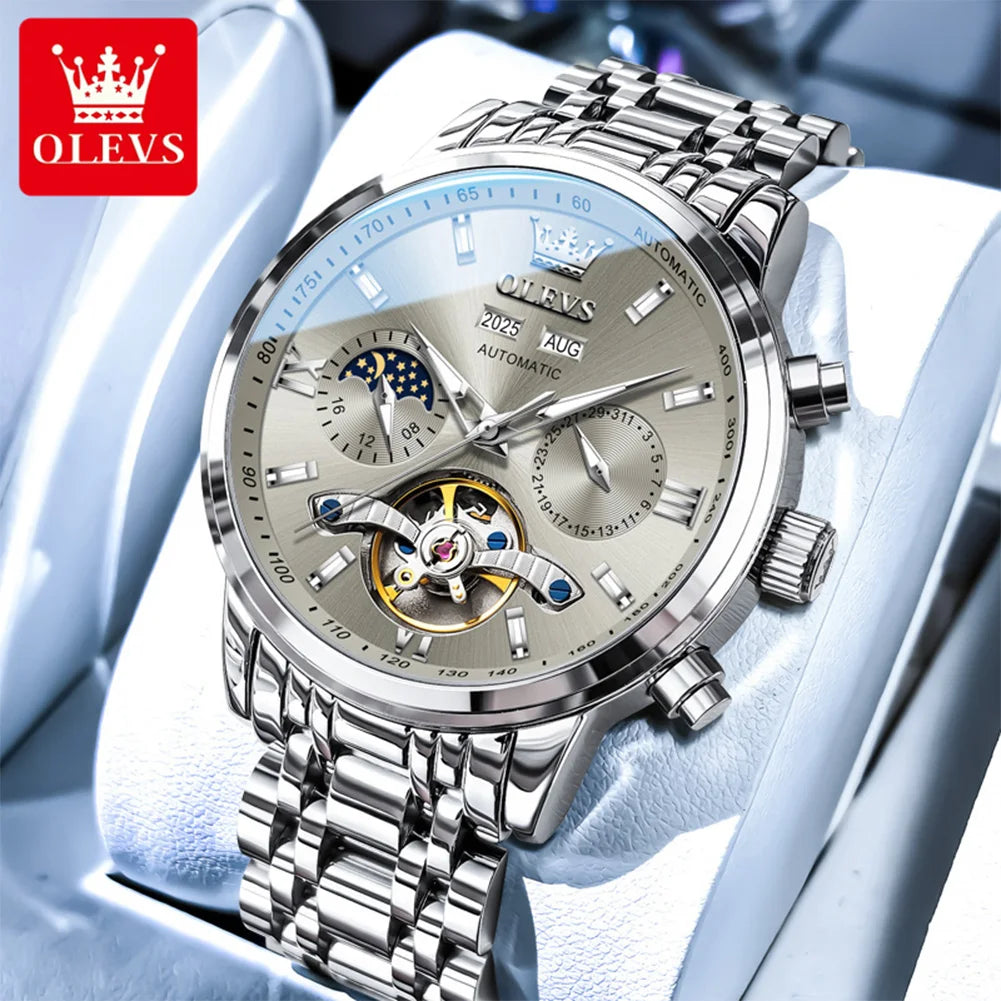 OLEVS 6740 Uhren für Herren, original luxuriöse Automatikuhren mit Schwungrad, Mondphase, wasserdicht, leuchtende Geschenke