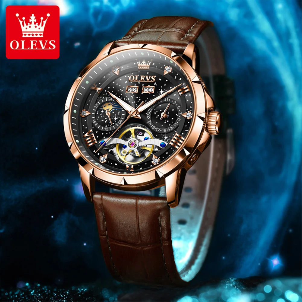 OLEVS 6690 Herrenuhr, hohle Mode-Datumsuhr, mechanische Uhr für Männer, Mondphase, tief wasserdicht, leuchtend, Original Herren Armbanduhr