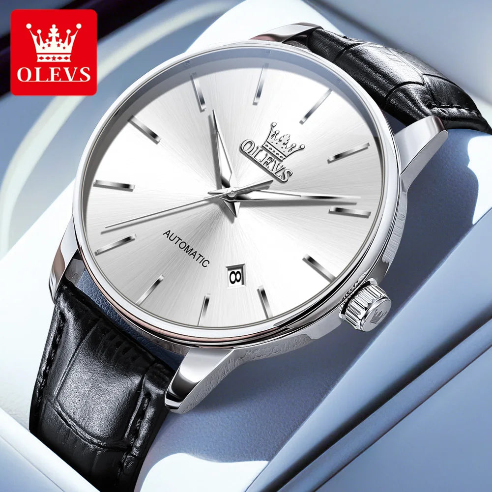 OLEVS 6725 Herren Automatikuhr Klassische Einfache Mechanische Uhr Für Männer Automatisches Datum Original Wasserdichtes Leder Herrenarmbanduhr