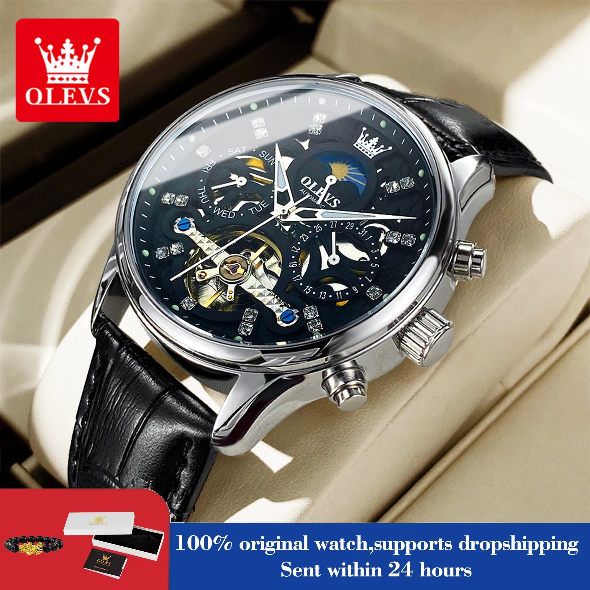 OLEVS 6658 Luxus Skelett-Schwungrad Automatische Mechanische Uhr Moonswatch Wasserdichte Armbanduhr Für Herren Geschenkbox Handuhr