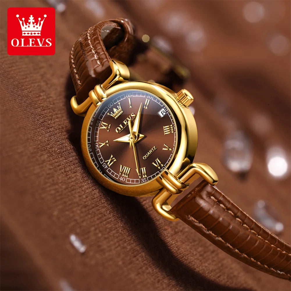 OLEVS 5645 Damenuhr Lederarmband Datum Quarzuhr für Damen Hochfeste Spiegelskala im römischen Stil Mode Damenuhr
