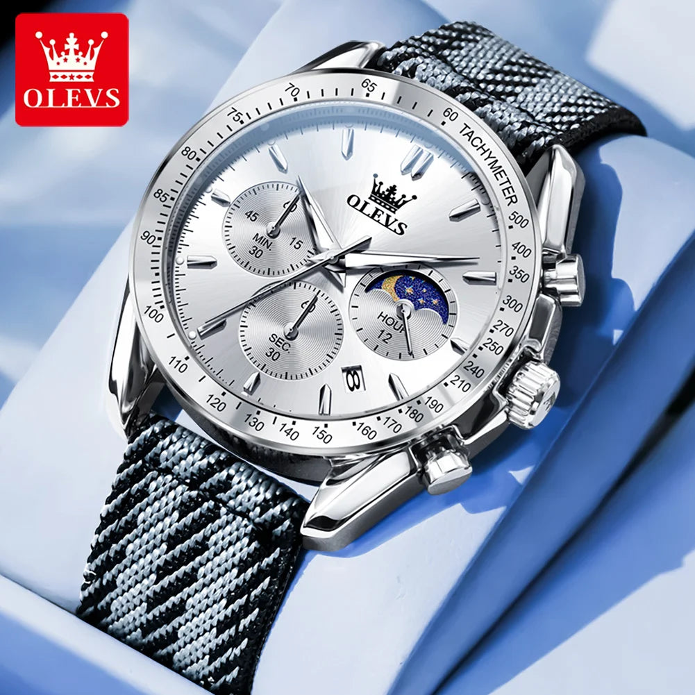 OLEVS 3630 Quartz Man Watch Date Chronograph 24 Hour Moon Phase Waterproof Watch For Men Fashion Nylon Strap Original Hand Clock