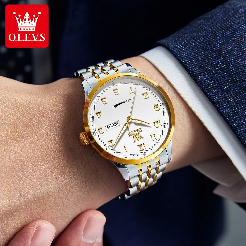 OLEVS Herren Luxus Mechanische Armbanduhren für Herren Wasserdichte Leuchtende Dual-Kalender Uhren Edelstahl-Uhr 7100