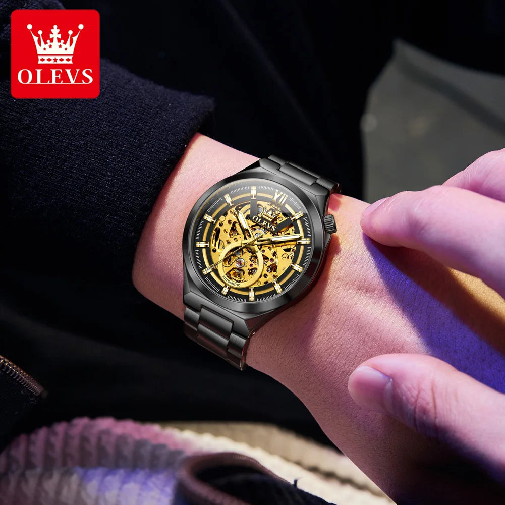 OLEVS 6722 Armbanduhr für Herren, modische, originelle, hohle, automatische mechanische Uhr, Top-Marke, wasserdicht, leuchtend, luxuriöse Herrenuhr