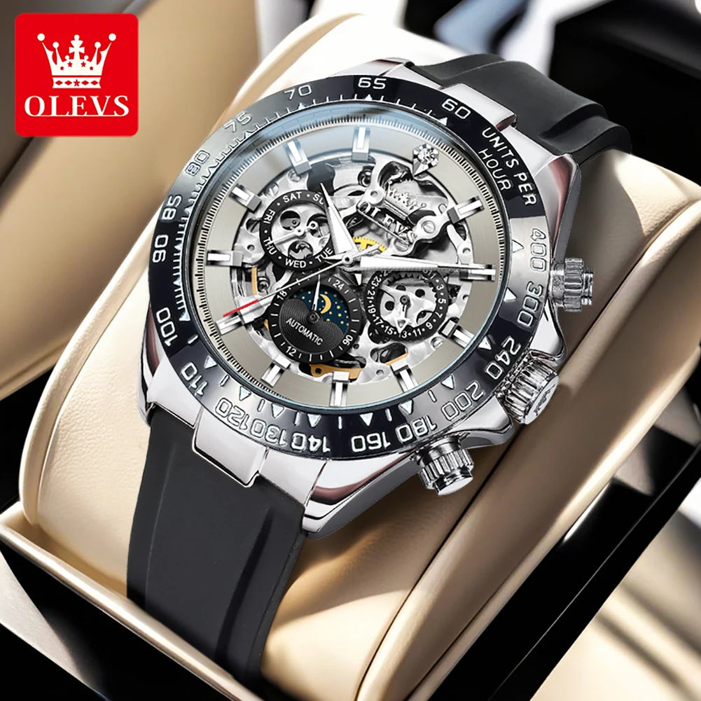 OLEVS 6713 Herrenuhr Hohlmondphase Mechanische Uhr für Herren Wochenkalender Silikonarmband Automatische Handuhr Wasserdicht