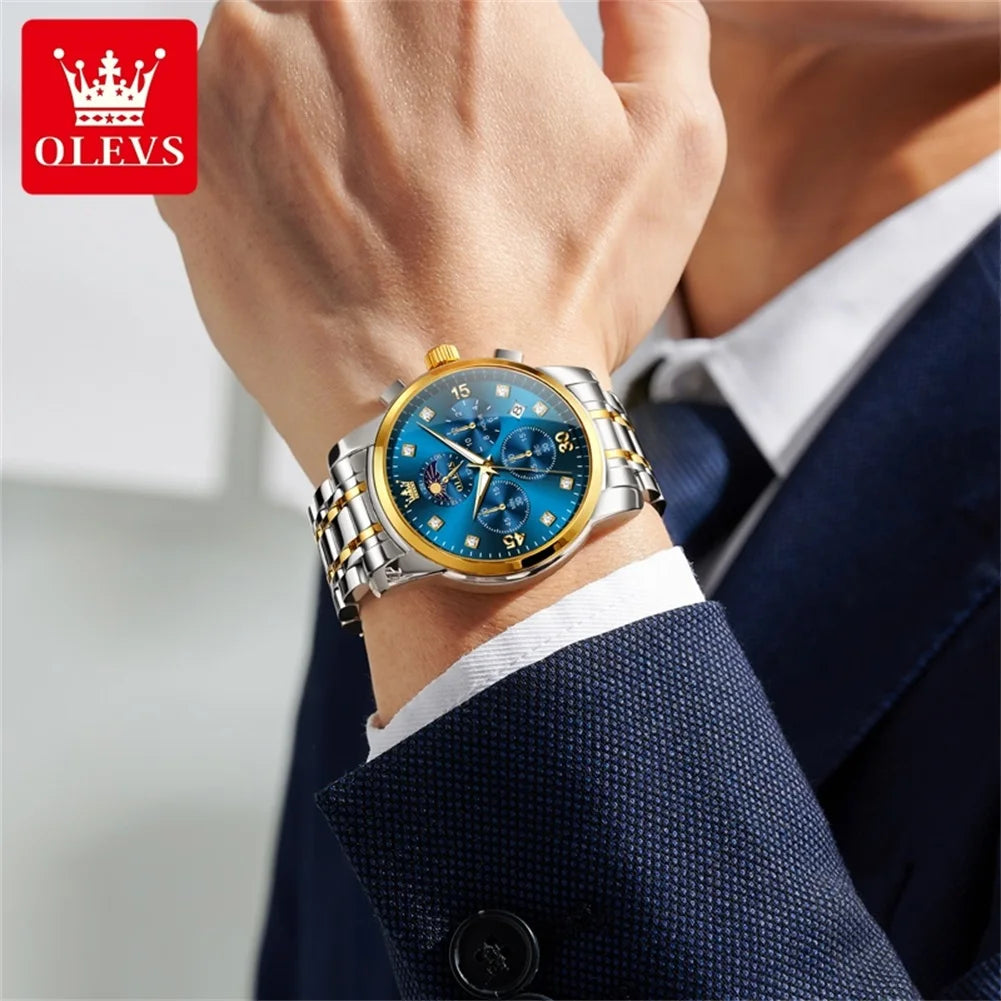OLEVS 3652 Man Watch Number Scale Quartz Watch For Men Chronograph Moon Phase Date Luxury Waterproof Luminous Male Hand Clock