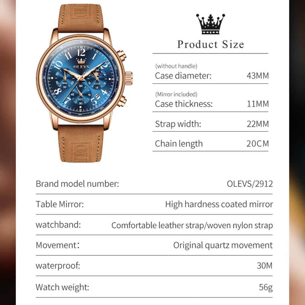 OLEVS 2912 Sport Chronograph Quartz Watch For Men Moon Phase Number 43mm Big Dial Man Watches Waterproof Original Hand Clock
