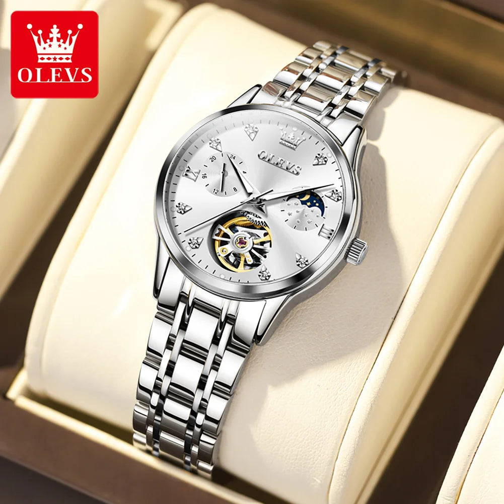 OLEVS Automatic Mechanical Watches For Women Waterproof Luminous Moon Phase Hand Clock Original Luxury Women's Watches 6608