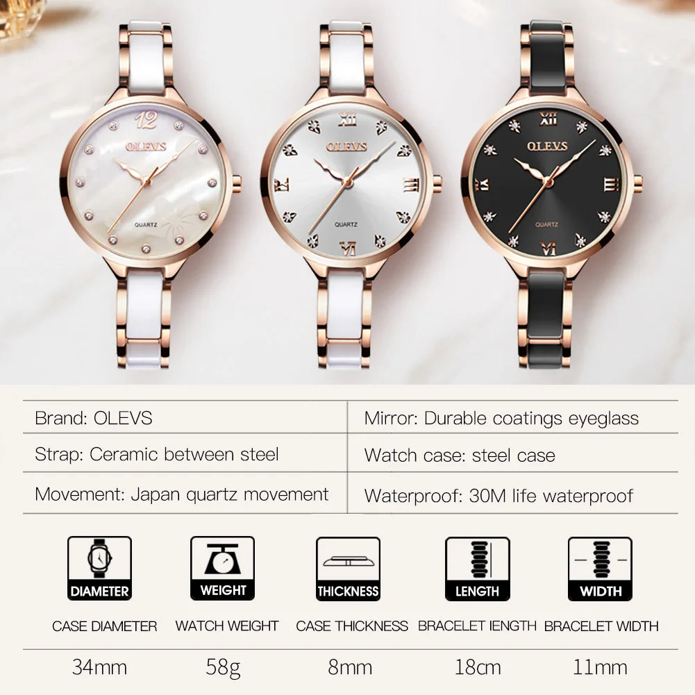 OLEVS 5872 Damenarmbanduhr Mode Elegante Quarzuhr für Frauen Keramik-Edelstahlarmband Wasserdichte Damenuhr Reloj