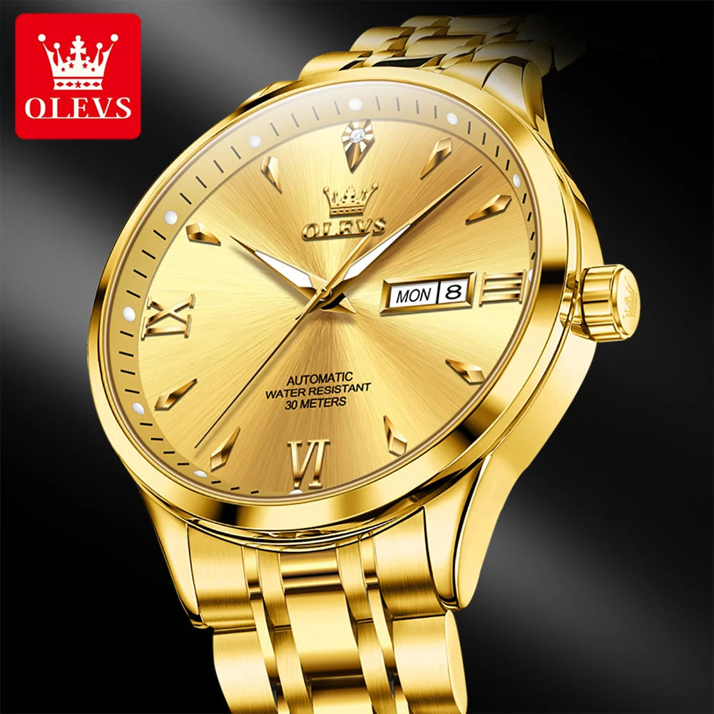 OLEVS Uhr für Herren Mechanische Uhr Großes Zifferblatt Wasserdichte Herren Luxus Original Wochenkalender Geschäftsmann Handuhr 9956 Reloj