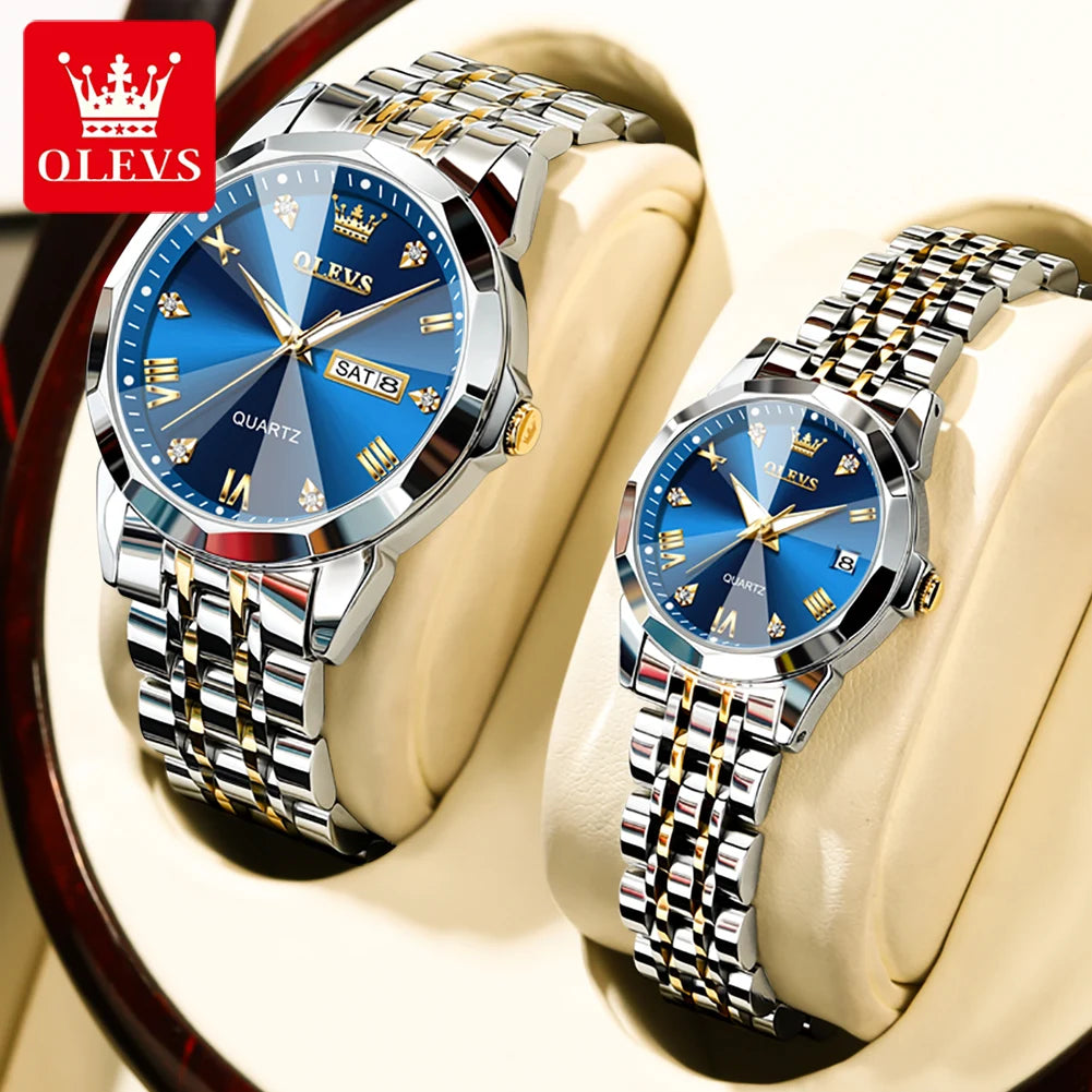 OLEVS 9931 Uhr für Herren und Damen Römische Skala Quarz-Paaruhr Rhombus-Spiegel Automatisches Datum Armbanduhr Luxus Wasserdichte Handuhr