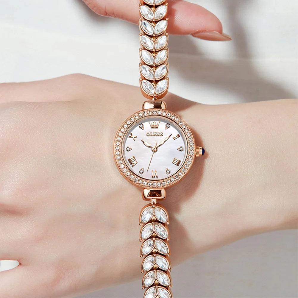 OLEVS 9971 Quarzuhr für Damen, römisches Zifferblatt, elegante Damenuhr, modisch, wasserdicht, leuchtend, originelle Luxus-Armbanduhr