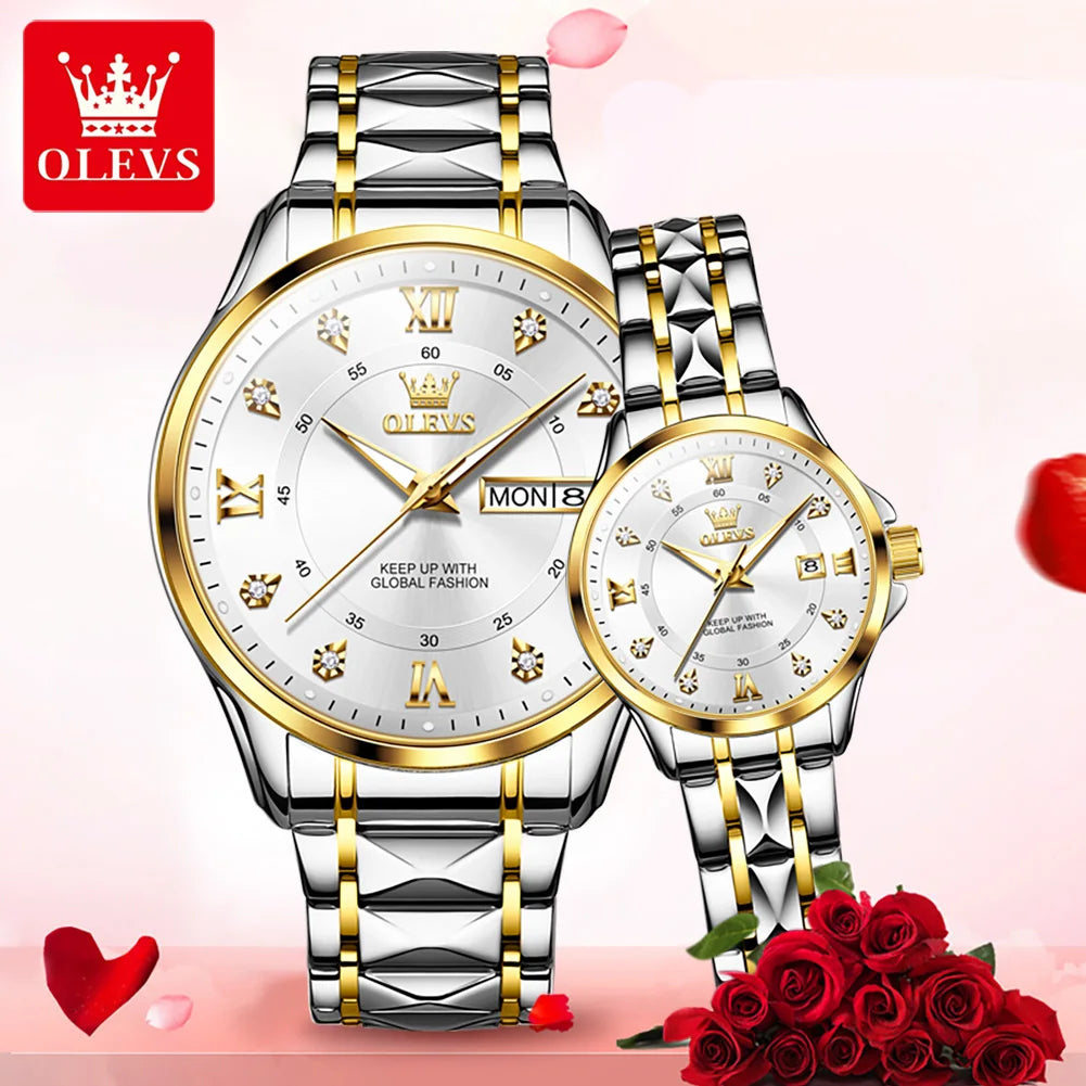 OLEVS 2906 Paar-Armbanduhr Original Römisches Zifferblatt Diamantenbesatz Luxus Quarz Uhr Für Herren Damen Rhombus Armband Wasserdicht Zeigeruhr