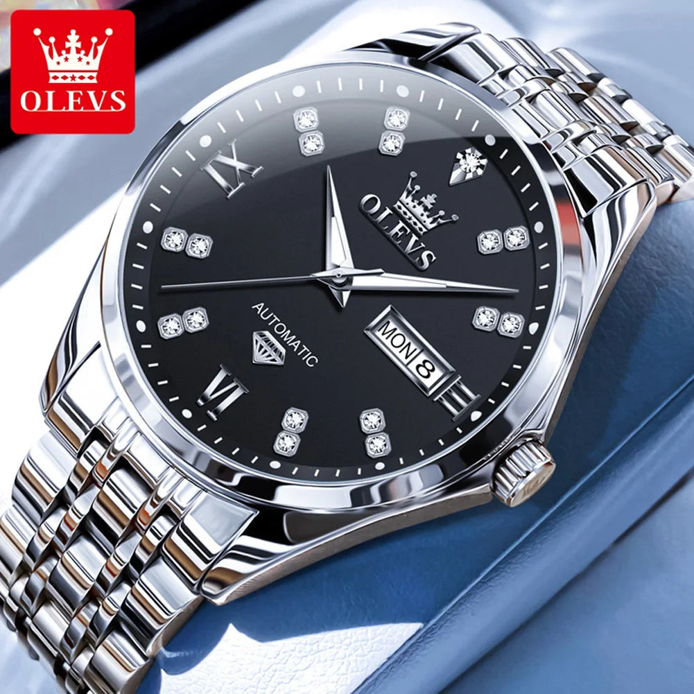 OLEVS 9801 Herrenuhr Wasserdicht Dual Kalender Luxus Mechanische Uhr Für Männer Diamant Zifferblatt Edelstahl Automatische Armbanduhr