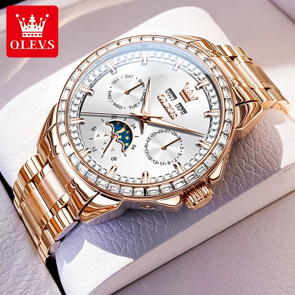 OLEVS 6695 Luxus-Geschäftsuhren für Herren, Mondphasen-Automatikuhr, wasserdichte Herrenarmbanduhr, Geschenkbox, Uhr