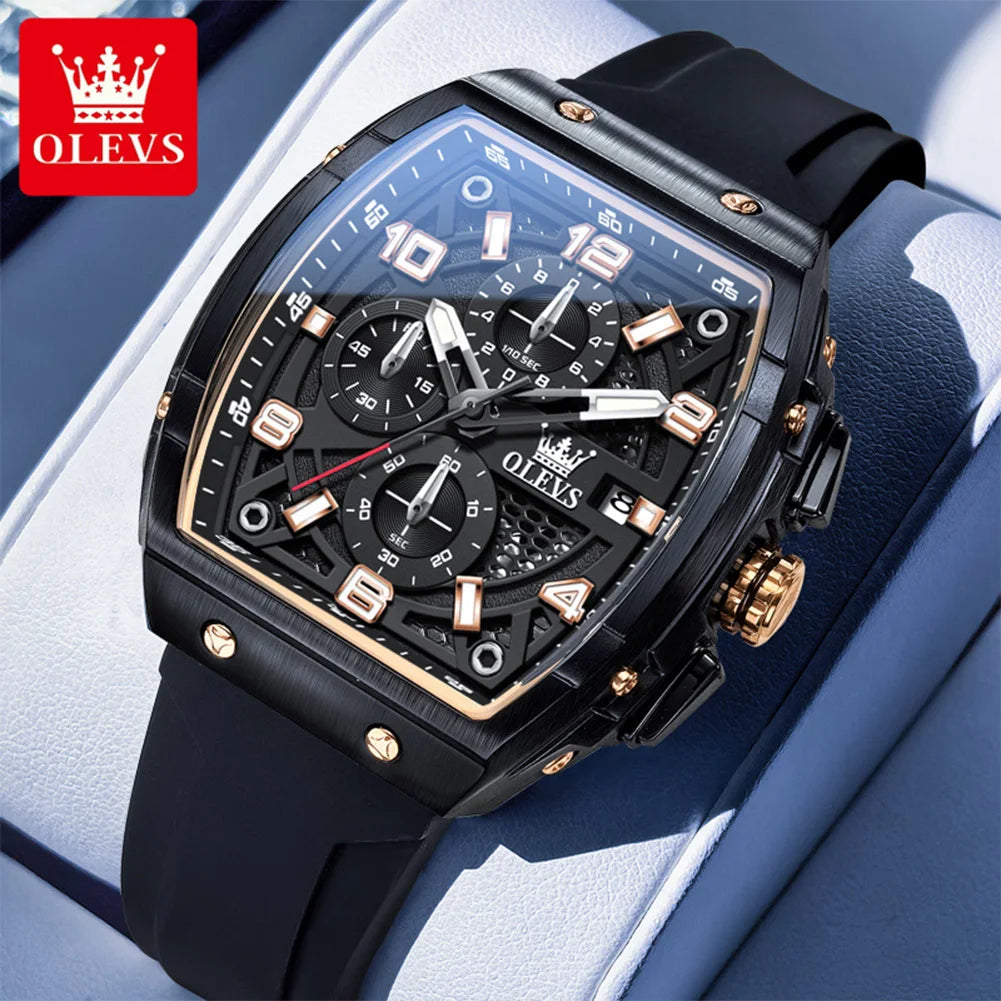 OLEVS 2976 Herrenuhr Chronograph Datum Quarzuhr für Herren Ziffernskala Tonneau Großes Zifferblatt Wasserdichtes Silikonarmband Armbanduhr