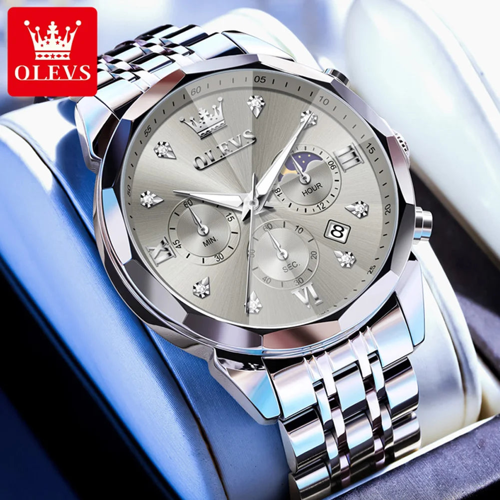 OLEVS 3670 Men's Watch Fashion Date Moon Phase Luminous Quartz Watch For Men Luxury Chronograph Waterproof Business Hand Clock