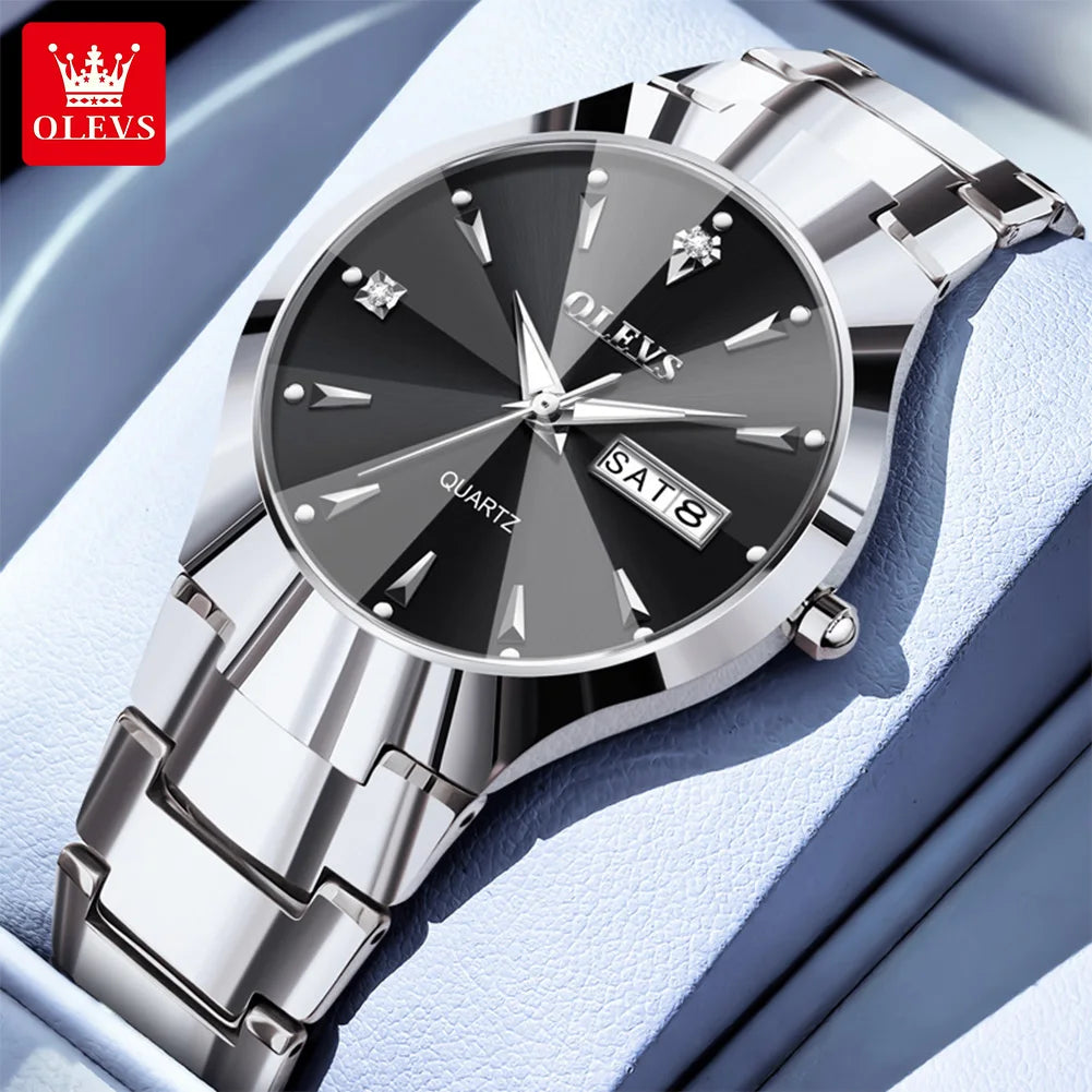 OLEVS 8697 Herrenuhr Top Marke Luxus Dual-Kalender Quarzuhr für Herren Rhombus-Spiegel Wolframstahlarmband Herren-Armbanduhr